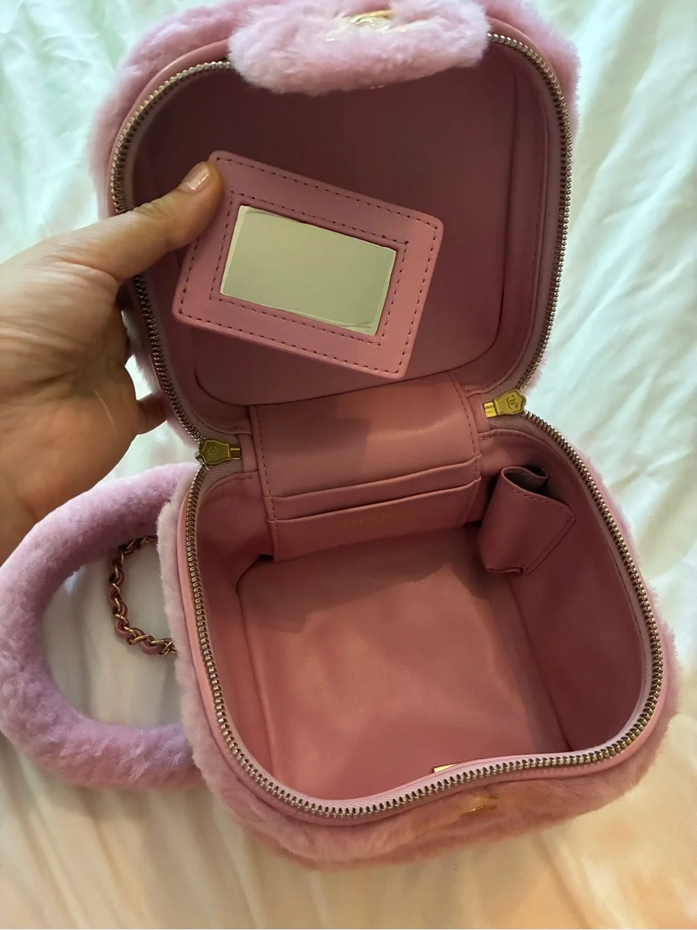 CHANEL Pink Shearling Fur Vanity Bag with Gold CC Hardware